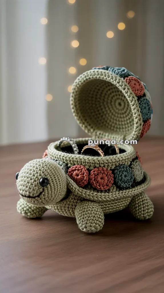A crochet turtle-shaped box with an open shell displaying rings inside, featuring a smiling face and colorful patches.