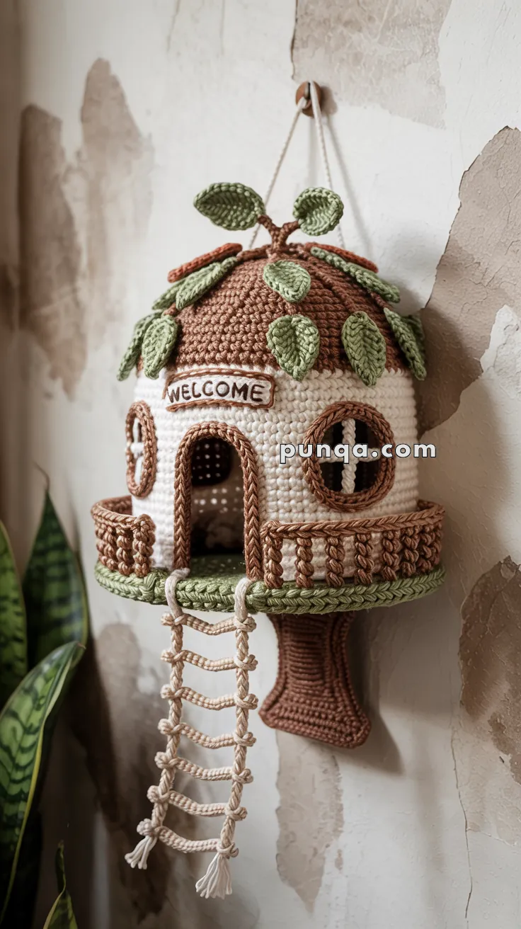 Crocheted treehouse wall hanging with a round brown roof adorned with green leaves, a "Welcome" sign above the door, and a rope ladder leading to a porch.