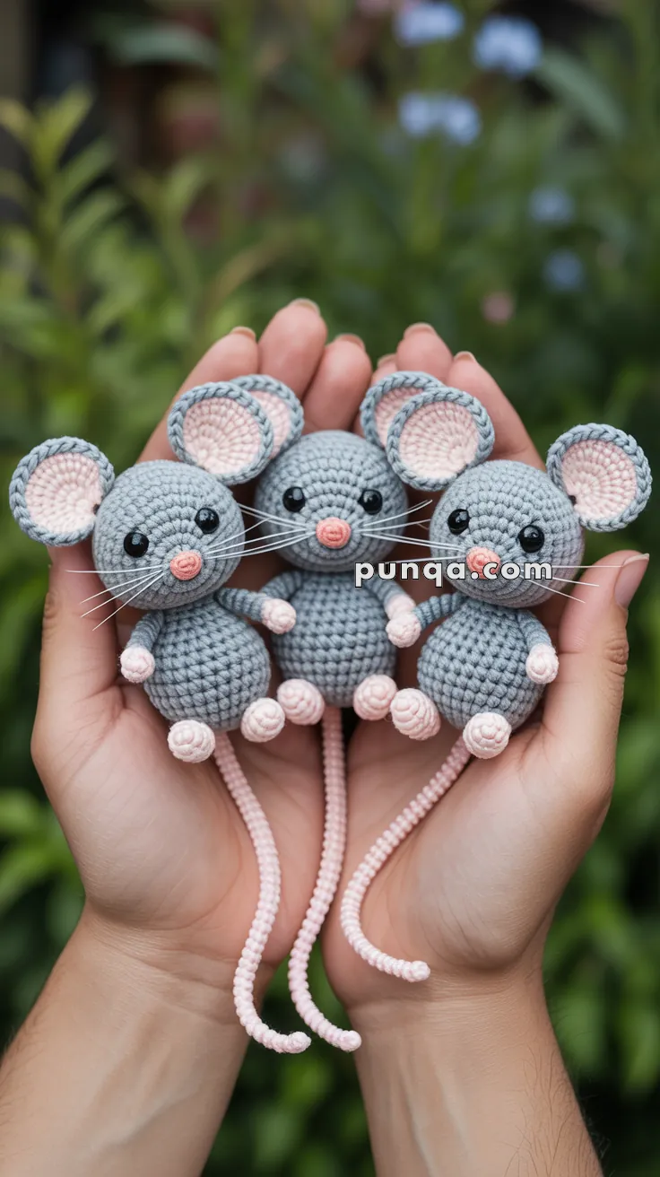 Three crocheted gray mice with pink ears and noses held in hands, with a green foliage background.
