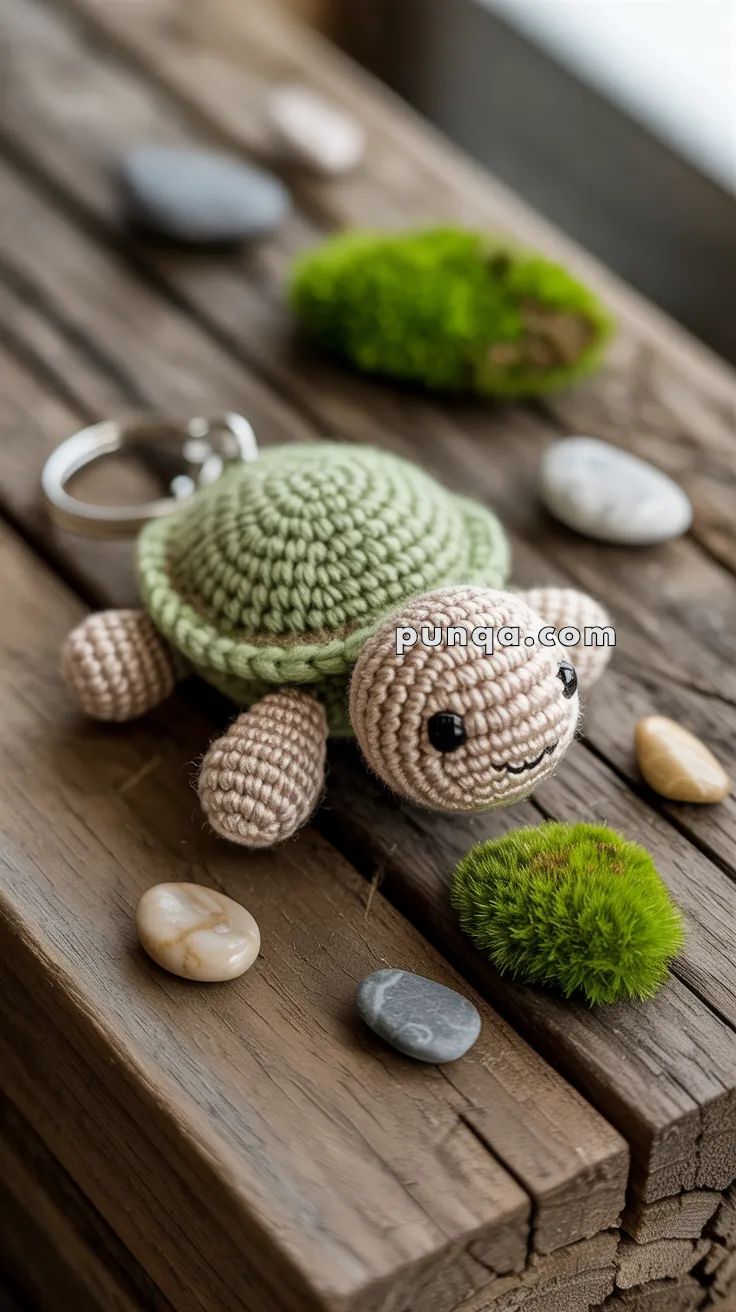 A crocheted turtle keychain with a green shell and beige body, placed on a wooden surface surrounded by small stones and moss balls.