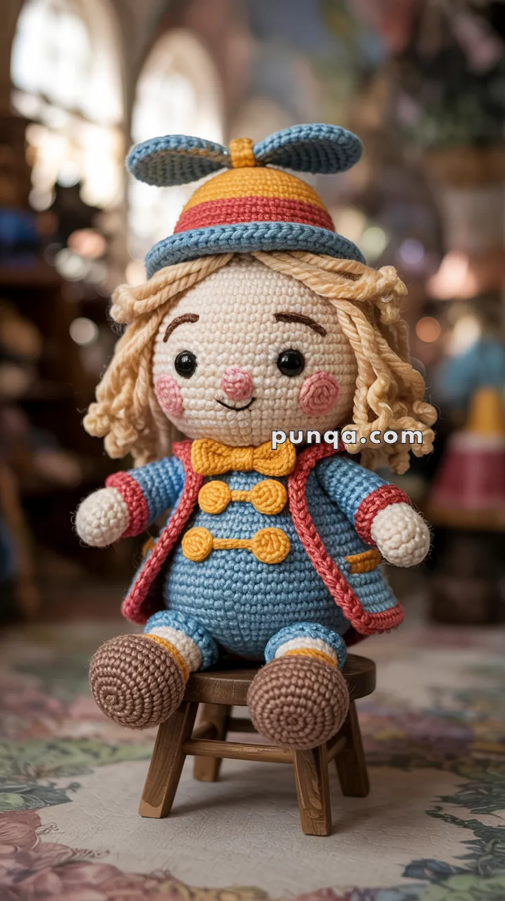 A crocheted Tweedledee doll with a colorful hat, and blue and red clothing, sitting on a wooden stool in a cozy room.