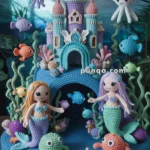A crocheted underwater scene featuring two mermaid dolls, colorful sea creatures, and a castle. The mermaids have vibrant hair and tails, surrounded by fish, corals, and seaweed, with a playful octopus and starfish hanging above.