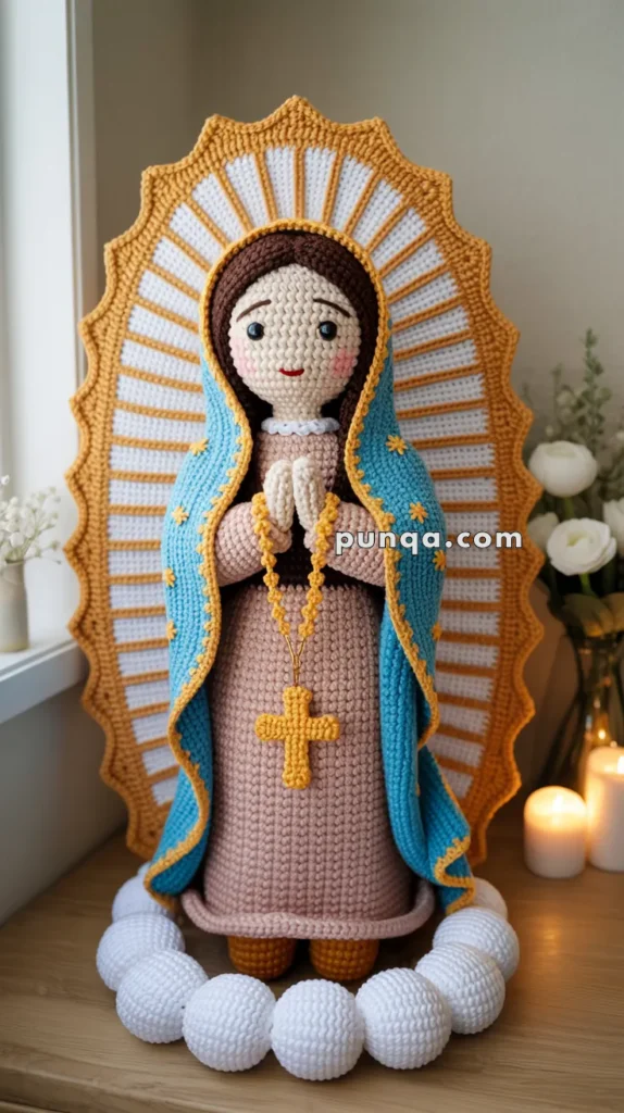 Crocheted figure of a woman with folded hands, wearing a blue cloak, surrounded by a golden halo and white crochet beads.