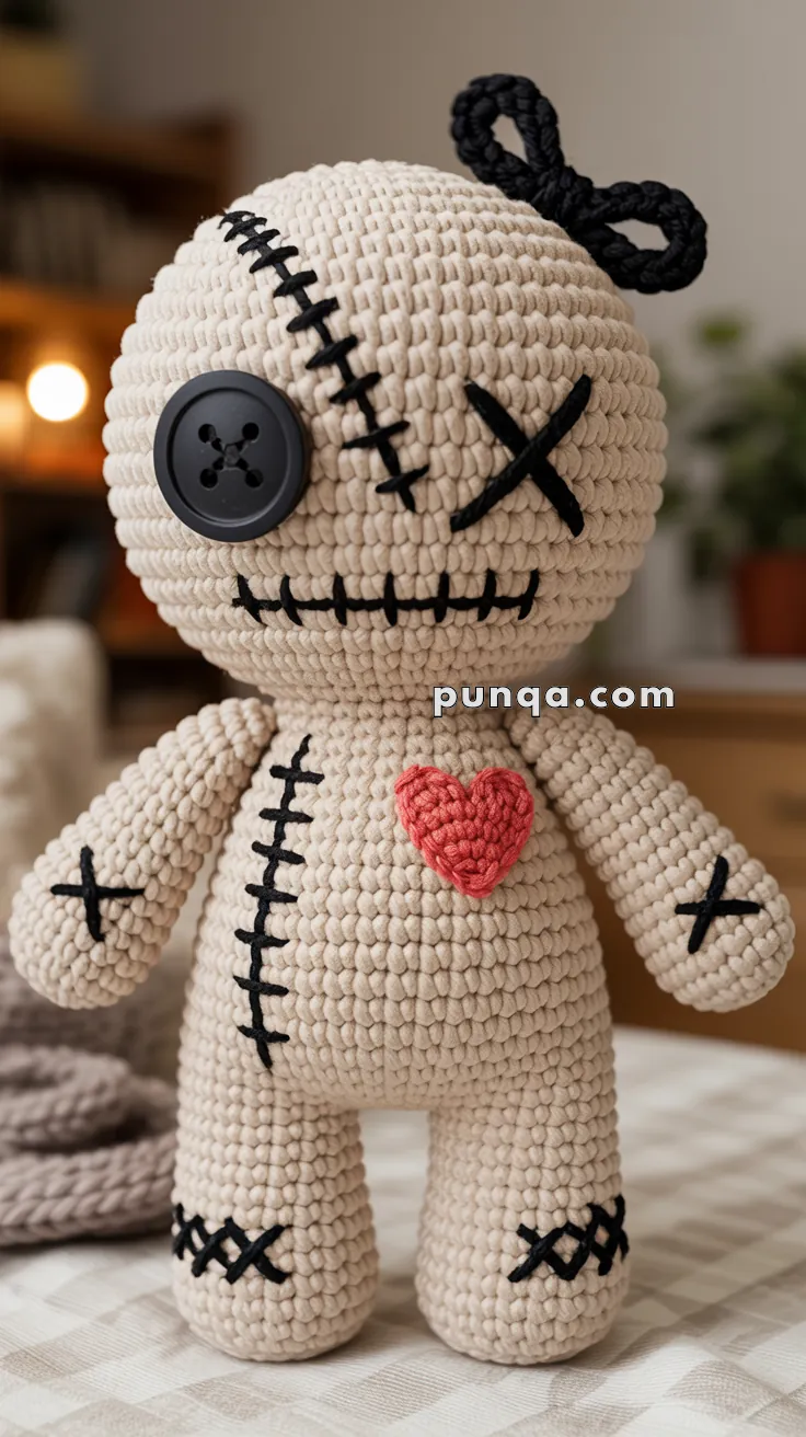 A crocheted voodoo doll with beige yarn, featuring one button eye, black stitched mouth and accents, and a red heart on its chest.