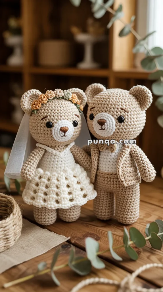 Two crocheted teddy bears dressed as a bride and groom, with the bride wearing a floral crown and the groom in a suit.