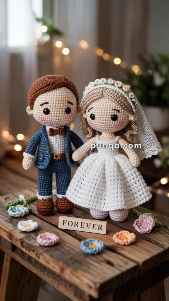 Crocheted wedding couple dolls in a suit and wedding dress with a 'FOREVER' sign and crocheted flowers on a wooden table.