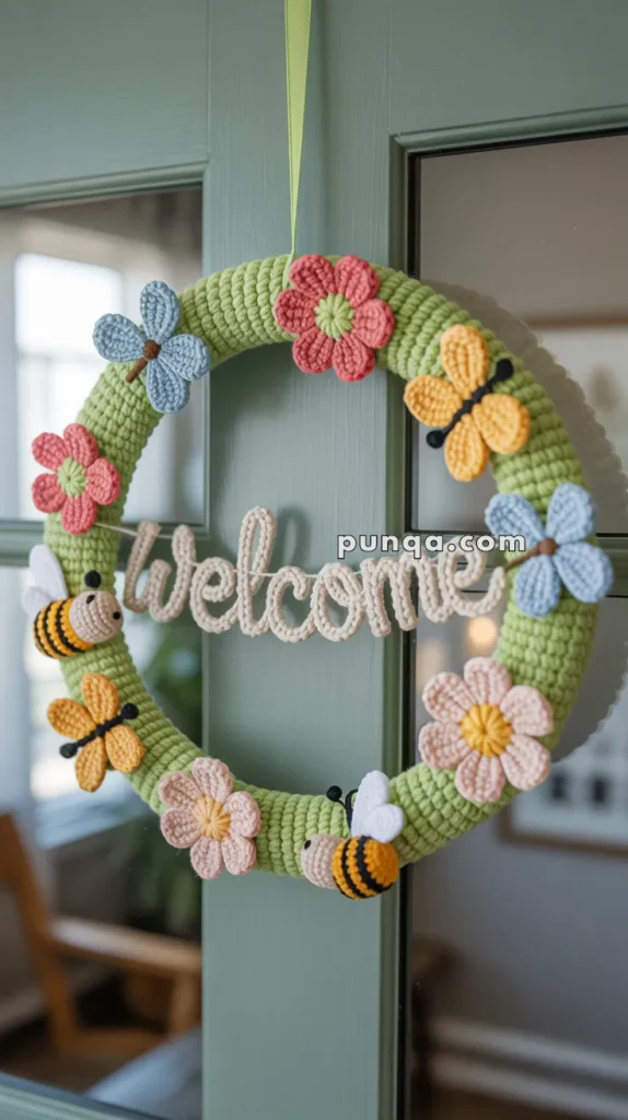A crocheted wreath with colorful flowers, bees, and butterflies, featuring a "Welcome" sign, hung on a door.