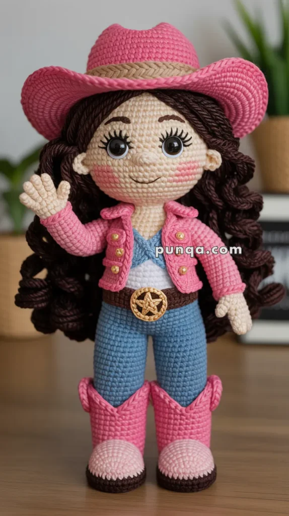 A crocheted doll wearing a pink cowboy hat, pink jacket, blue pants, and pink boots, with a golden sheriff star belt buckle, standing on a wooden surface.