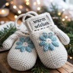 A pair of crocheted cream-colored mittens with blue floral designs and the words 'warm wishes' embroidered on the cuff, displayed on a wooden surface with pine branches and fairy lights in the background.