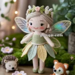 A crocheted fairy doll with colorful wings and a floral crown stands on a wooden surface, surrounded by two small amigurumi animals, a hedgehog and a fox, as well as crochet flowers, with a blurred natural background.