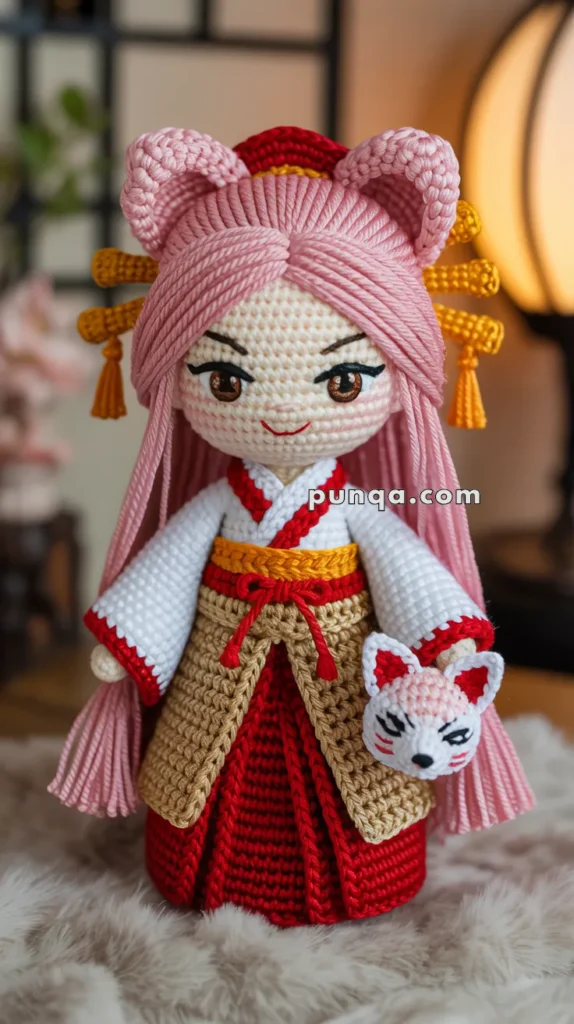 Crocheted doll with pink hair styled in two buns, wearing a traditional outfit with red and beige colors, and holding a small fox mask, with an Asian-inspired interior setting in the background.