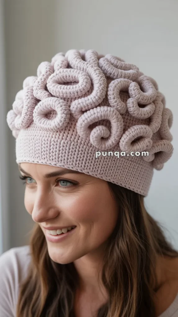 A woman wearing a unique hat designed to resemble a brain made from soft, pink yarn.
