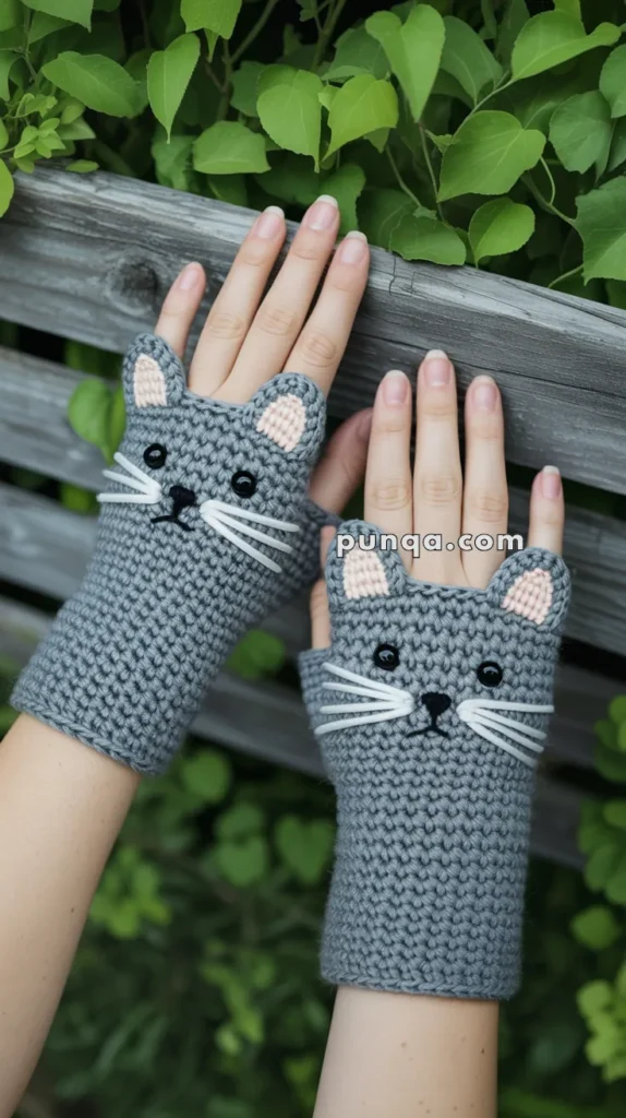 A pair of crocheted gray fingerless gloves designed to look like cat faces, with ears, whiskers, and button eyes, worn on a person's hands against a background of green leaves and wooden fencing.