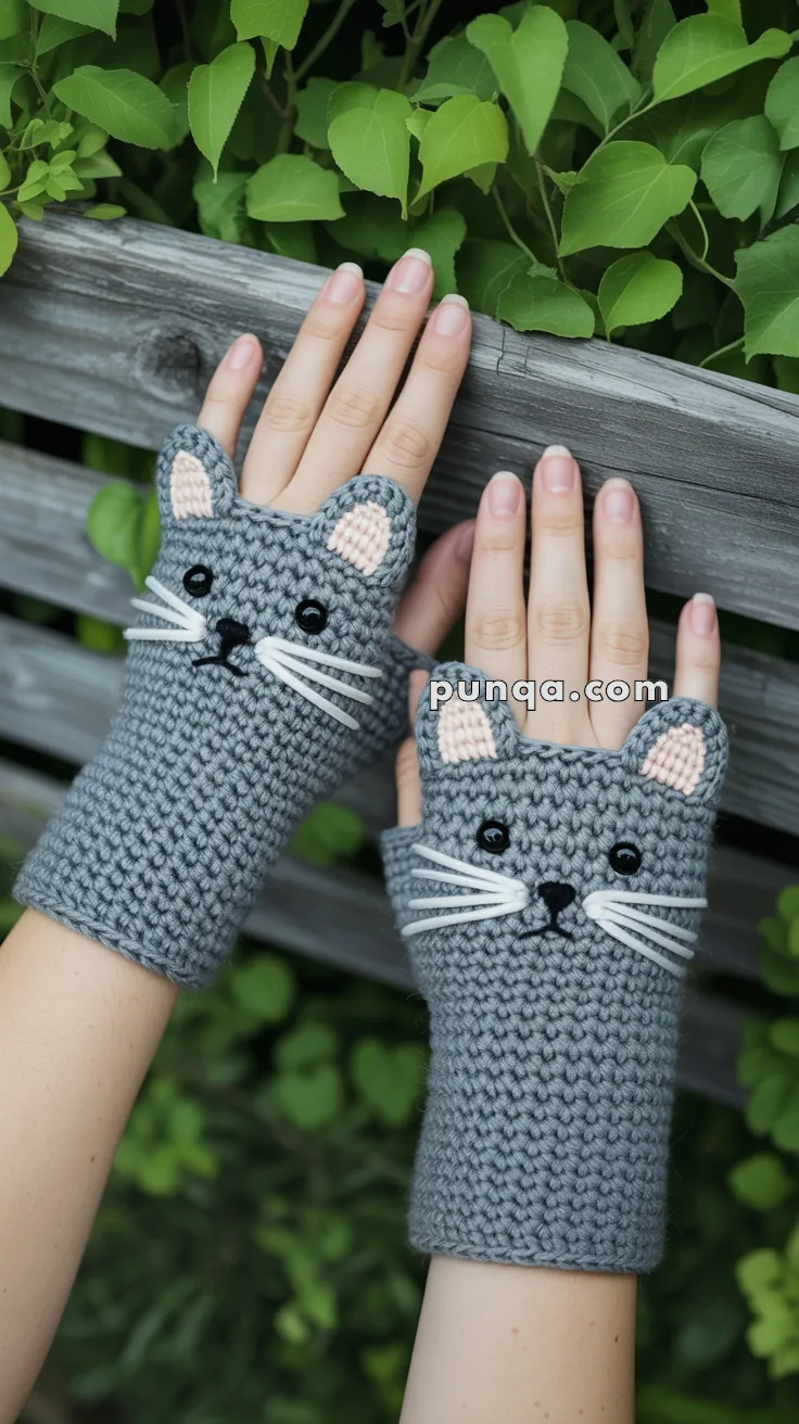 A pair of crocheted gray fingerless gloves designed to look like cat faces, with ears, whiskers, and button eyes, worn on a person's hands against a background of green leaves and wooden fencing.