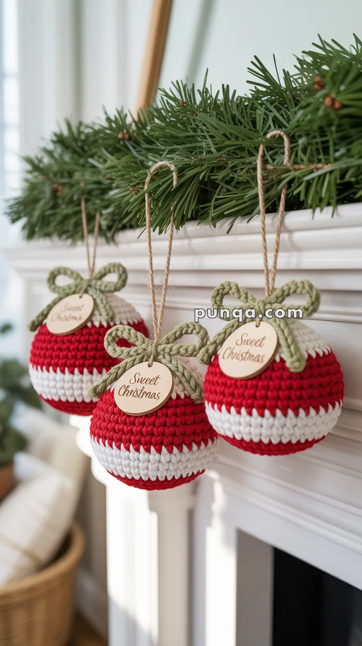 Three crocheted red and white Christmas ornaments with green bows and "Sweet Christmas" wooden tags hang below a garland of greenery.