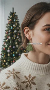 Close-up of a person wearing a knitted Christmas tree earring and a white sweater with snowflake patterns, with a blurred decorated Christmas tree in the background.