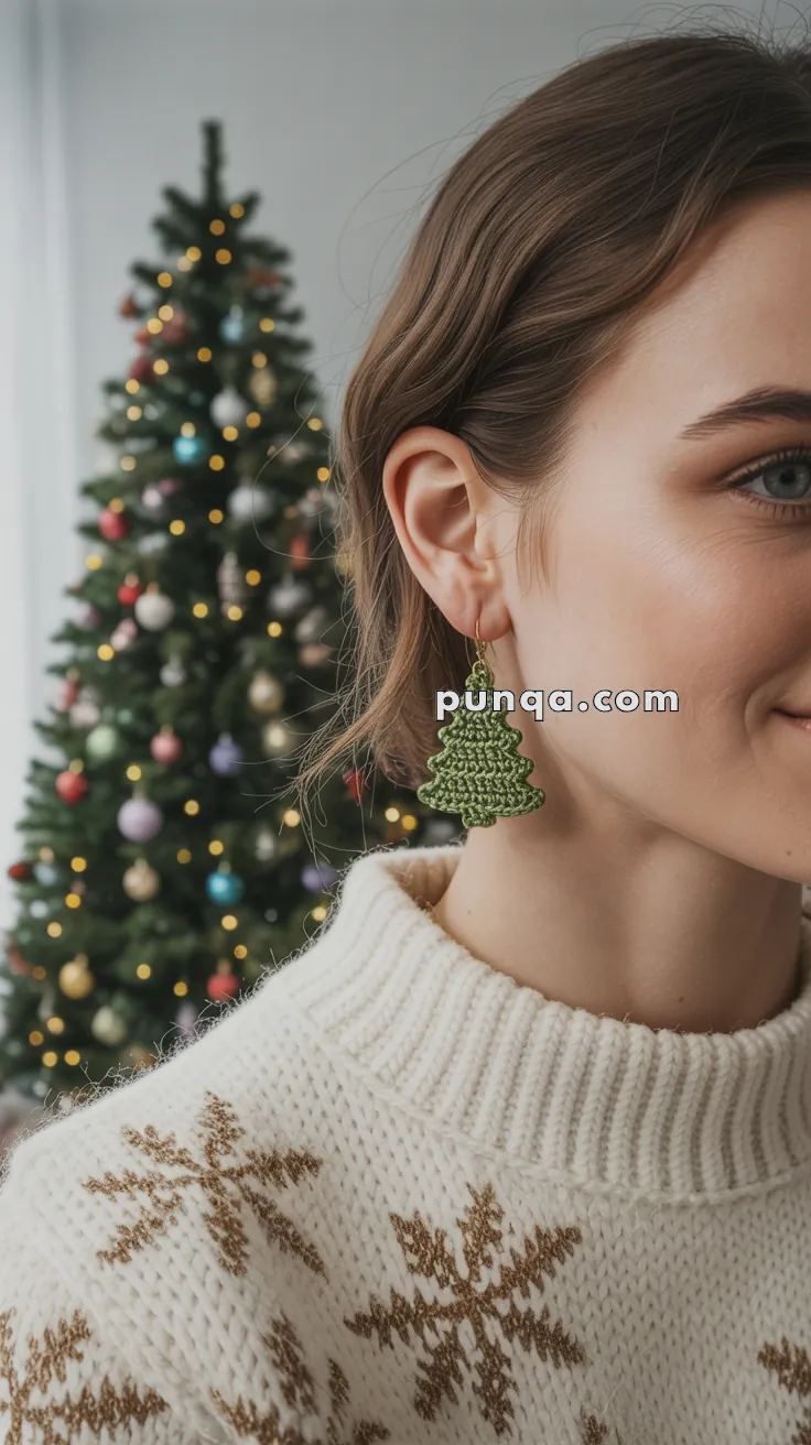 Close-up of a person wearing a knitted Christmas tree earring and a white sweater with snowflake patterns, with a blurred decorated Christmas tree in the background.