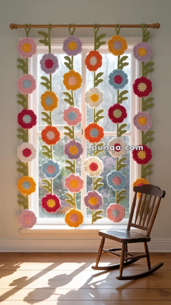 A window decorated with a crochet curtain featuring colorful flowers and green leaves, with a wooden rocking chair placed nearby on a wooden floor.