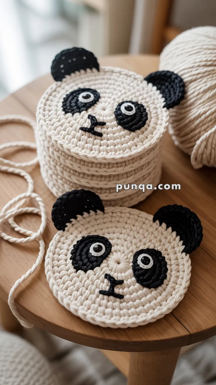 Crochet coasters designed to resemble panda faces, featuring black ears and eye patches, displayed on a wooden surface with yarn visible in the background.