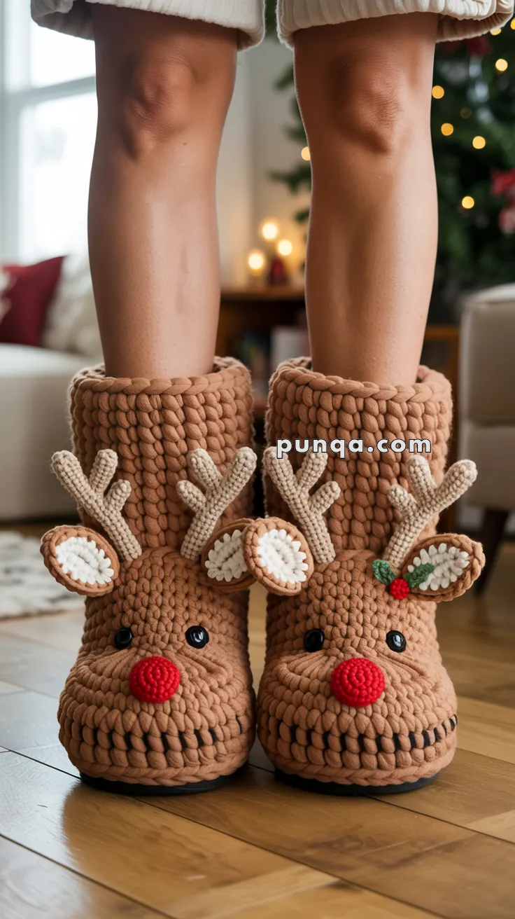 Person wearing knit reindeer slippers with red noses and antlers, standing on a wooden floor.