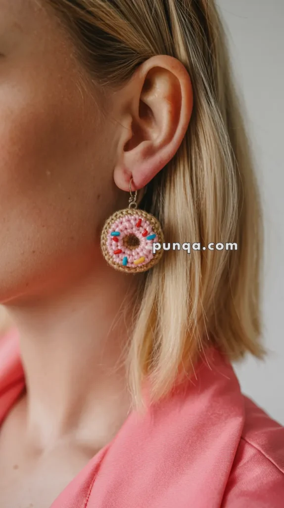 Close-up of a woman wearing a crochet earring shaped like a pink frosted donut with colorful sprinkles, paired with a pink outfit.