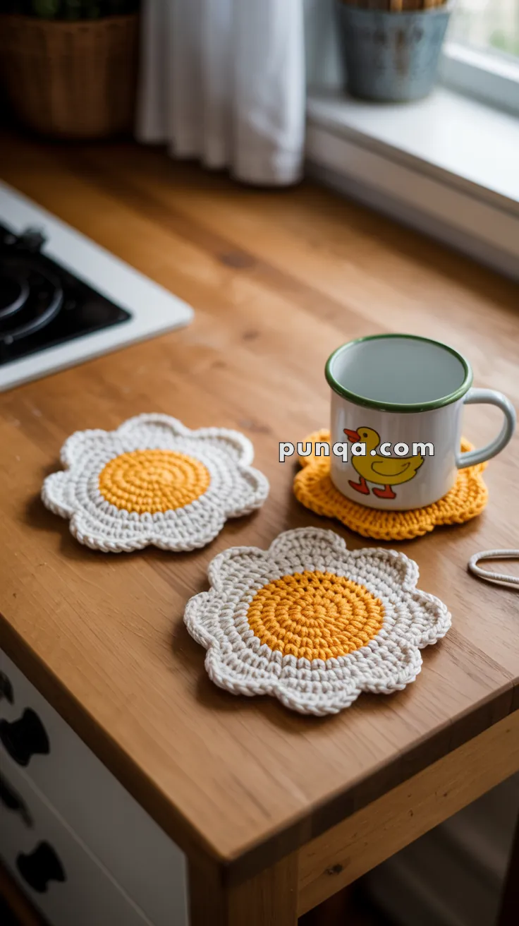Crocheted flower-shaped coasters, two white with yellow centers and one plain yellow, on a wooden table with a mug.