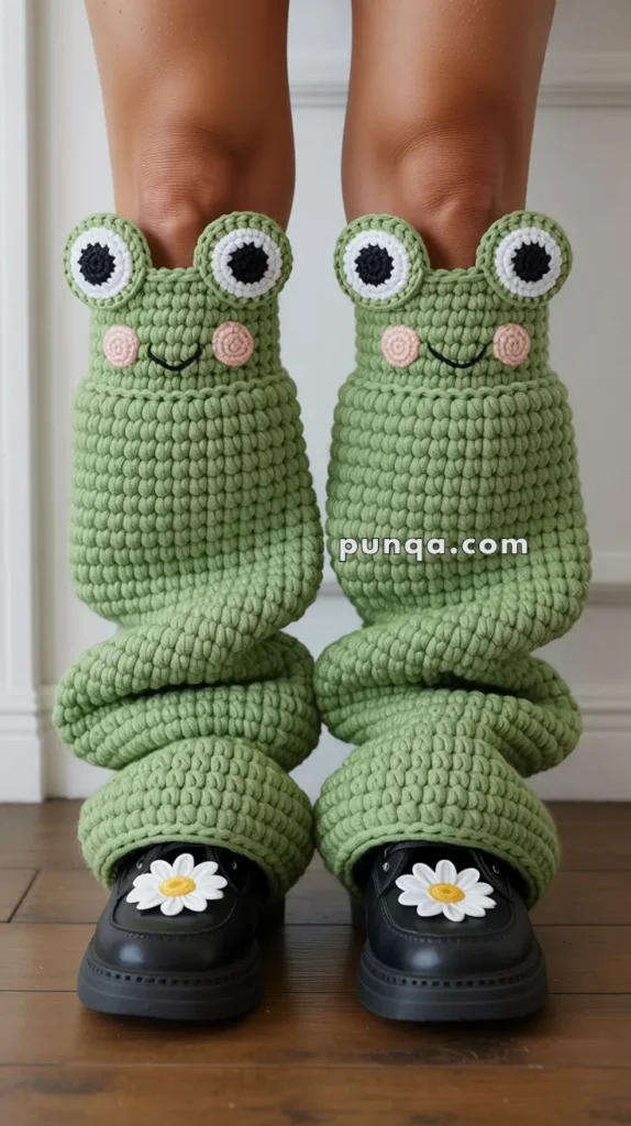 Green crochet leg warmers designed to resemble whimsical frogs with eyes and smiles, worn above black shoes adorned with white daisy embellishments.