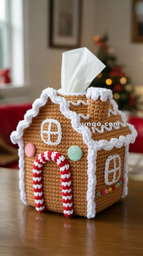 A crochet gingerbread house tissue box cover with colorful decorations and a tissue emerging from the chimney, displayed on a wooden table with a blurred Christmas tree in the background.