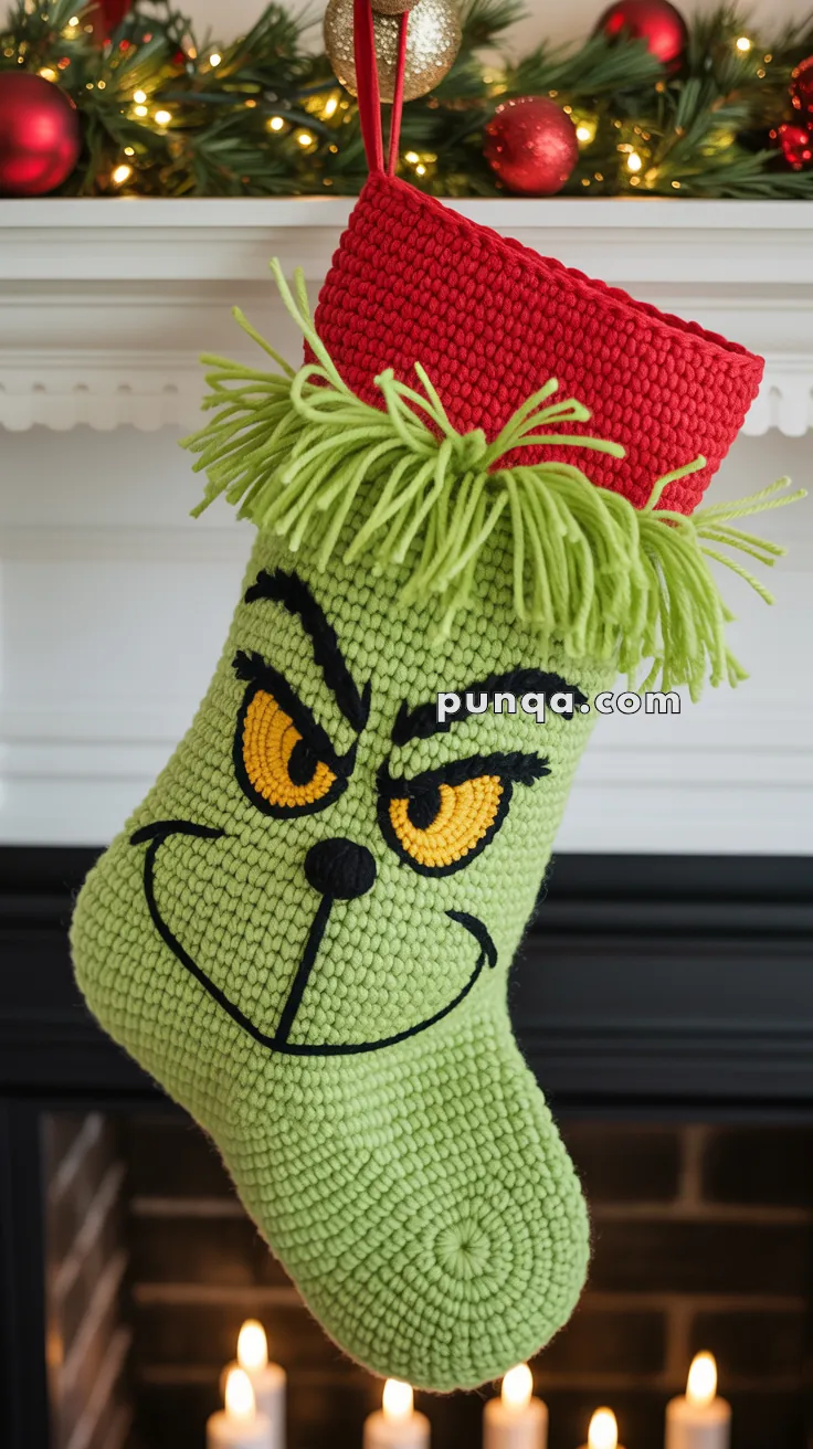 A Christmas stocking depicting a green, mischievous face with a furrowed brow, hanging from a fireplace mantel decorated with greenery and red ornaments. The stocking has a red cuff and is embroidered with notable facial features, resembling a fictional character.