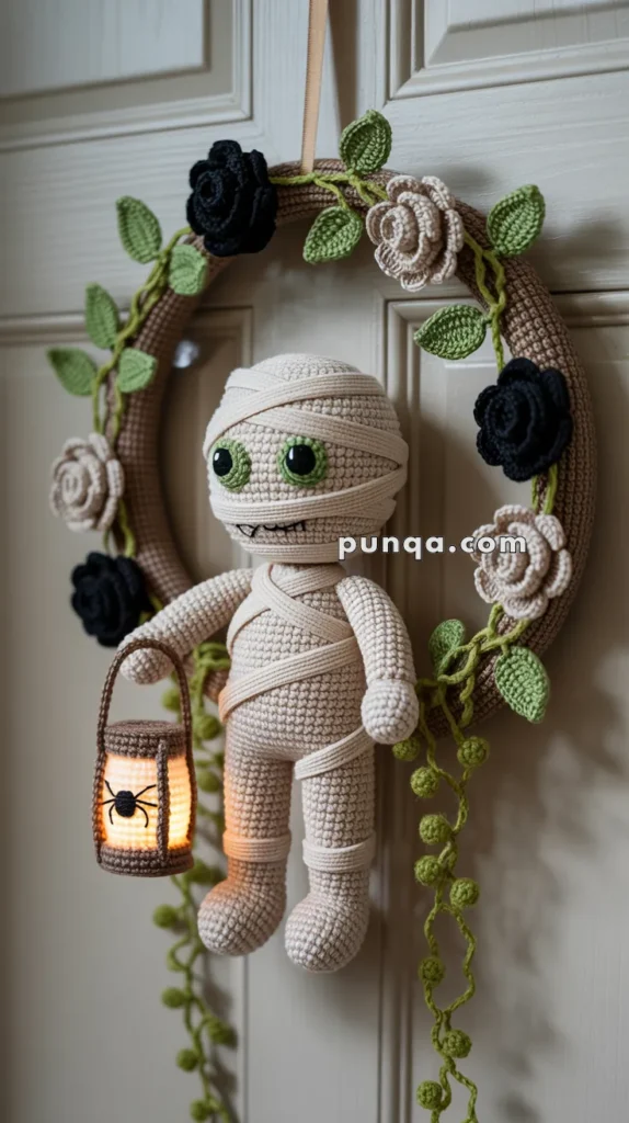 A crocheted doll of a mummy with large green eyes and a smiling face holding a small lantern adorned with a spider image. The doll is attached to a decorative wreath featuring crocheted black and beige roses with green leaves, hanging on a door.