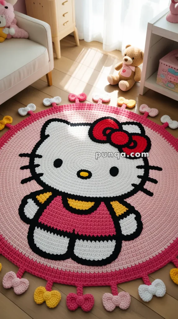 A pink round rug featuring a cartoon cat character with a red bow, placed on a wooden floor in a child's room setting, surrounded by plush toys.