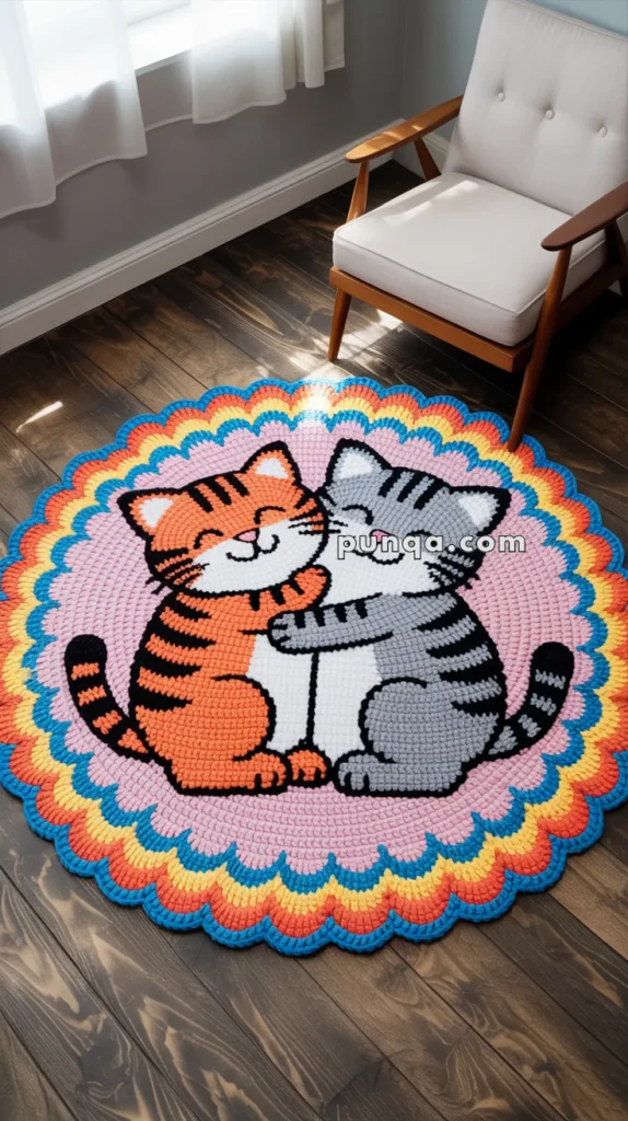 Circular crochet rug featuring two cartoon cats hugging, with one orange and the other gray, against a colorful, scalloped edge design on a wooden floor beside a white armchair.