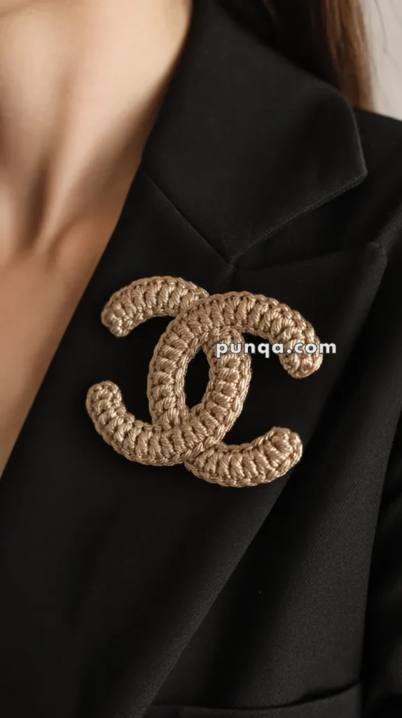 A gold crocheted brooch in the shape of intertwined letters, pinned to the lapel of a black jacket.