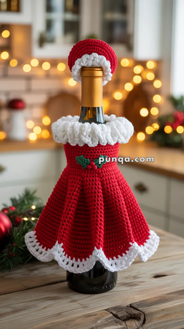 A wine bottle dressed in a red and white crocheted Santa outfit, featuring a skirt with a holly decoration, set against a festive kitchen background with Christmas lights.