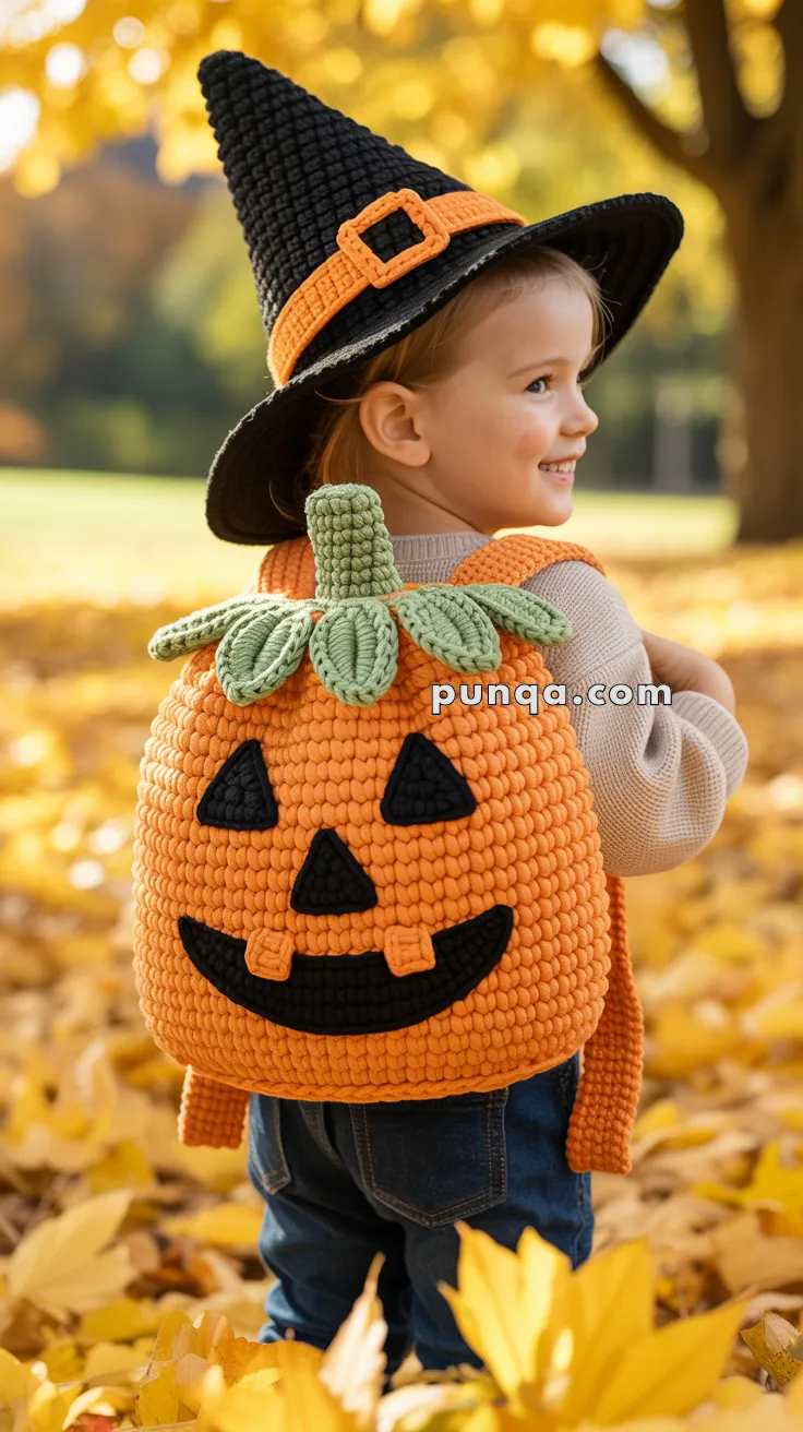 A young child wearing a witch's hat and a knitted pumpkin-shaped backpack stands amidst an autumn setting with leaves on the ground.