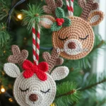Two crochet reindeer ornaments hanging on a Christmas tree, one decorated with a red bow and the other with a green holly and berries.