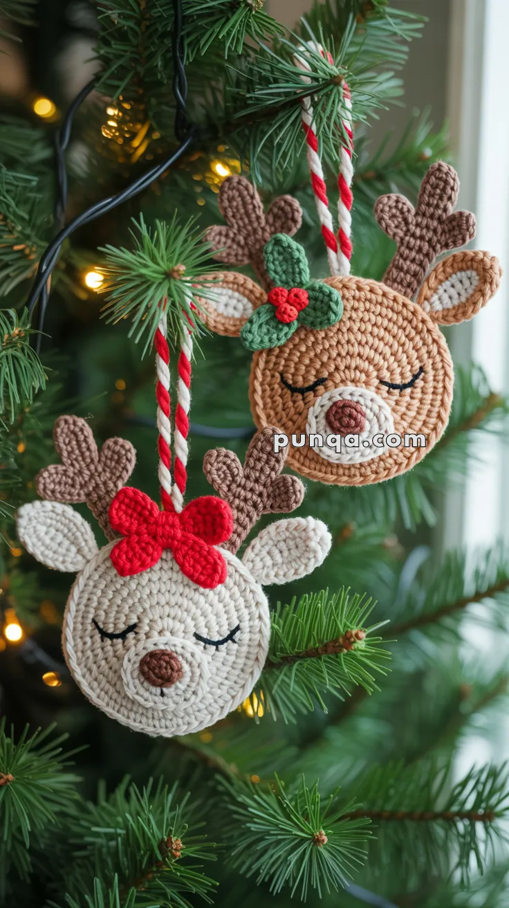 Two crochet reindeer ornaments hanging on a Christmas tree, one decorated with a red bow and the other with a green holly and berries.
