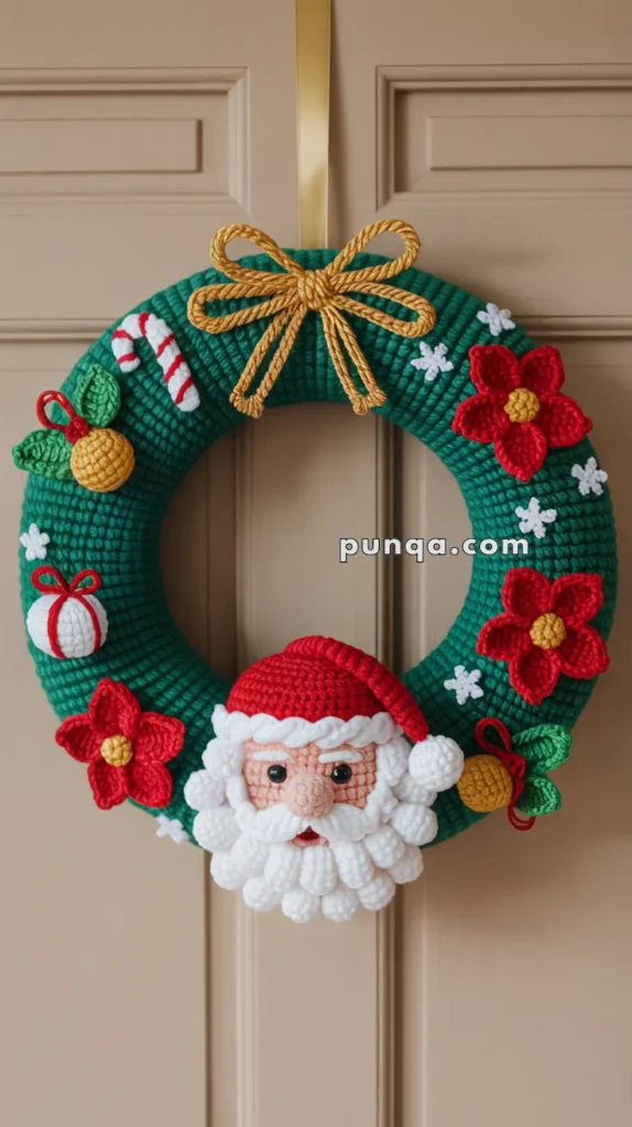 A crocheted Christmas wreath featuring a Santa Claus face, red flowers, and festive decorations like a candy cane and gift ornaments, adorned with a gold rope bow, hanging on a door.