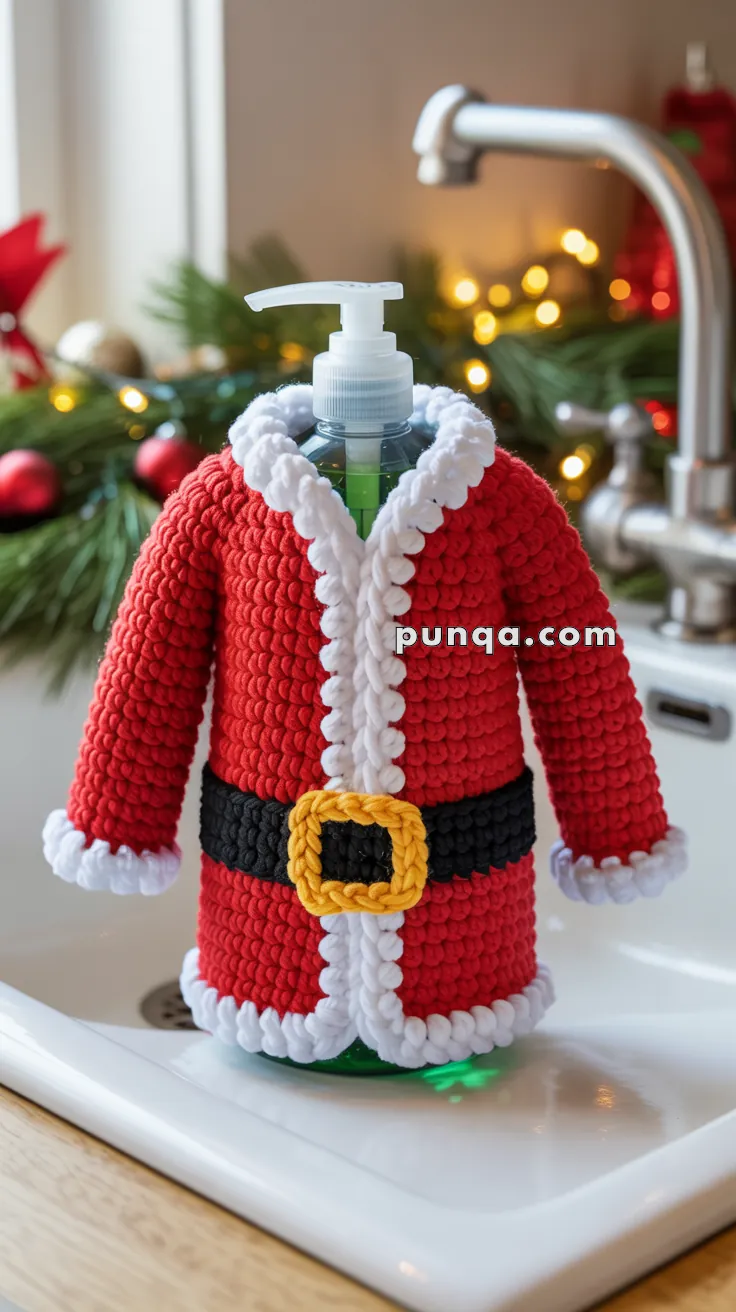A soap dispenser dressed in a knitted Santa Claus outfit, complete with a red jacket, black belt, and white trim, sitting on a kitchen sink with festive decorations in the background.