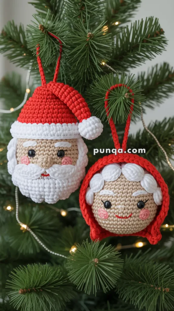 Crocheted Christmas ornaments depicting Santa Claus and Mrs. Claus hanging on a Christmas tree with pine branches and soft lights.