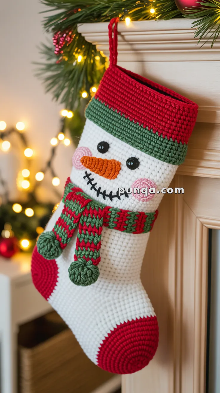A crocheted Christmas stocking featuring a snowman design with a red, green, and white color scheme hanging from a decorated mantle with pine branches and Christmas lights.