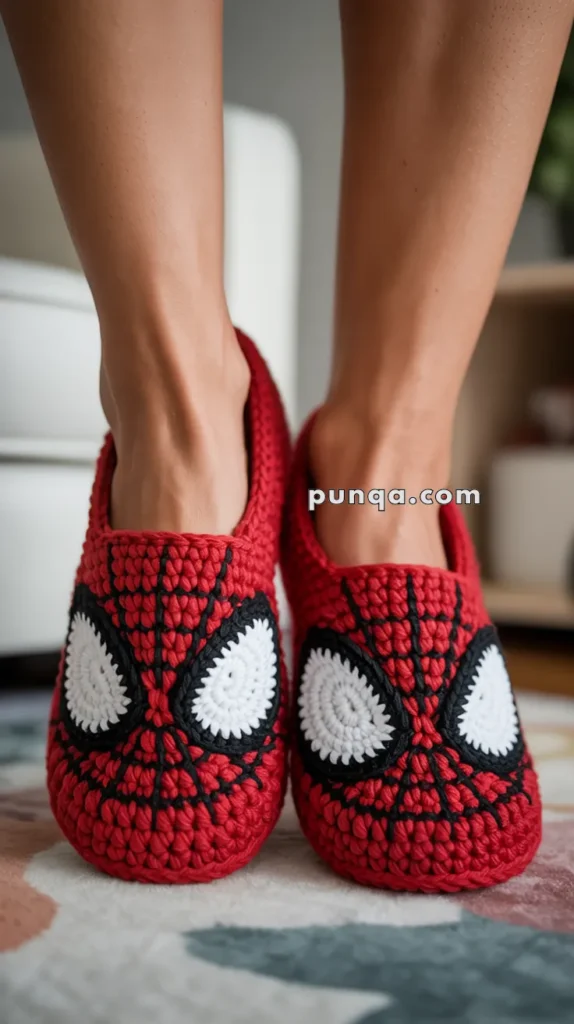 Feet wearing red crochet slippers designed to resemble a superhero mask with large white eyes.