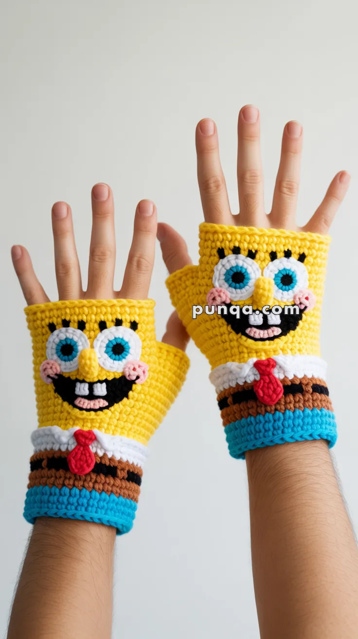 Two hands wearing crocheted fingerless gloves designed with a cartoon character face, featuring large blue and black eyes, a wide smile, and a red tie, against a plain background.
