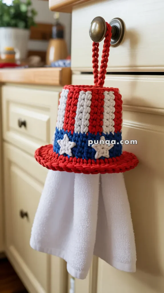 A crocheted kitchen towel holder shaped like a red, white, and blue top hat hanging from a cabinet knob, with a white towel draped underneath.