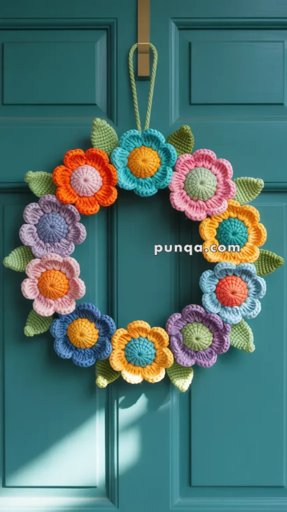 A colorful crocheted floral wreath hanging on a teal door, featuring yarn flowers in shades of orange, pink, purple, blue, and green leaves.
