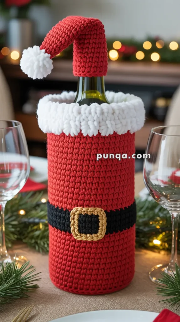 A wine bottle dressed in a crocheted Santa Claus costume with a red and white hat, red suit, black belt, and gold buckle, placed on a festive dining table.