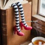 A brown book titled 'Magical Tales' with knitted doll legs, wearing black and white striped stockings and red shoes, hanging over the edge. A steaming cup of tea in a floral teacup rests on the wooden surface nearby.